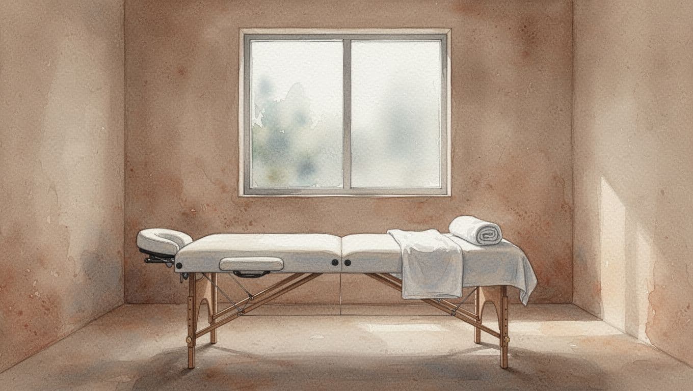 A neatly prepared massage bed sits in the center of a serene room painted in soft earthy tones. Gentle ambient lighting highlights the tranquil textures of the watercolor-inspired walls and decor.