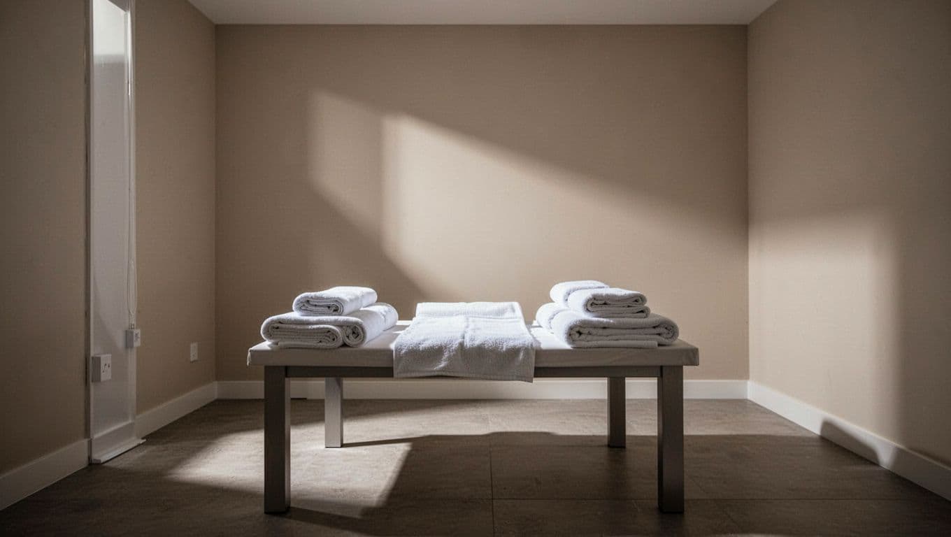 A pristine massage therapy room features a neutrally toned treatment table draped with crisp, neatly folded white towels. Subtle cinematic lighting highlights the organized space, promoting a sense of serene professional tranquility.
