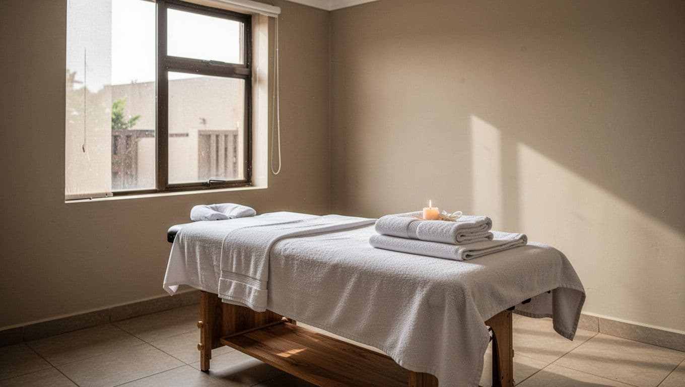 A pristine therapy room features a professional massage table draped with neatly folded white towels. Warm ambient lights cast soft shadows across the neutral walls, creating a serene and inviting atmosphere.