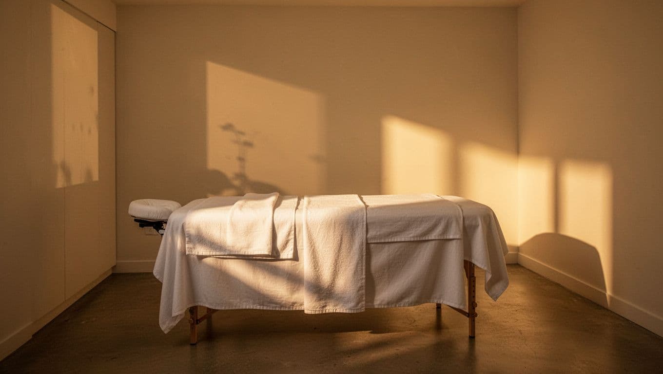 A pristine treatment room features a padded massage table draped in crisp white linens. Warm golden light glows against neutral walls, creating soft shadows and a deeply tranquil atmosphere for healing.