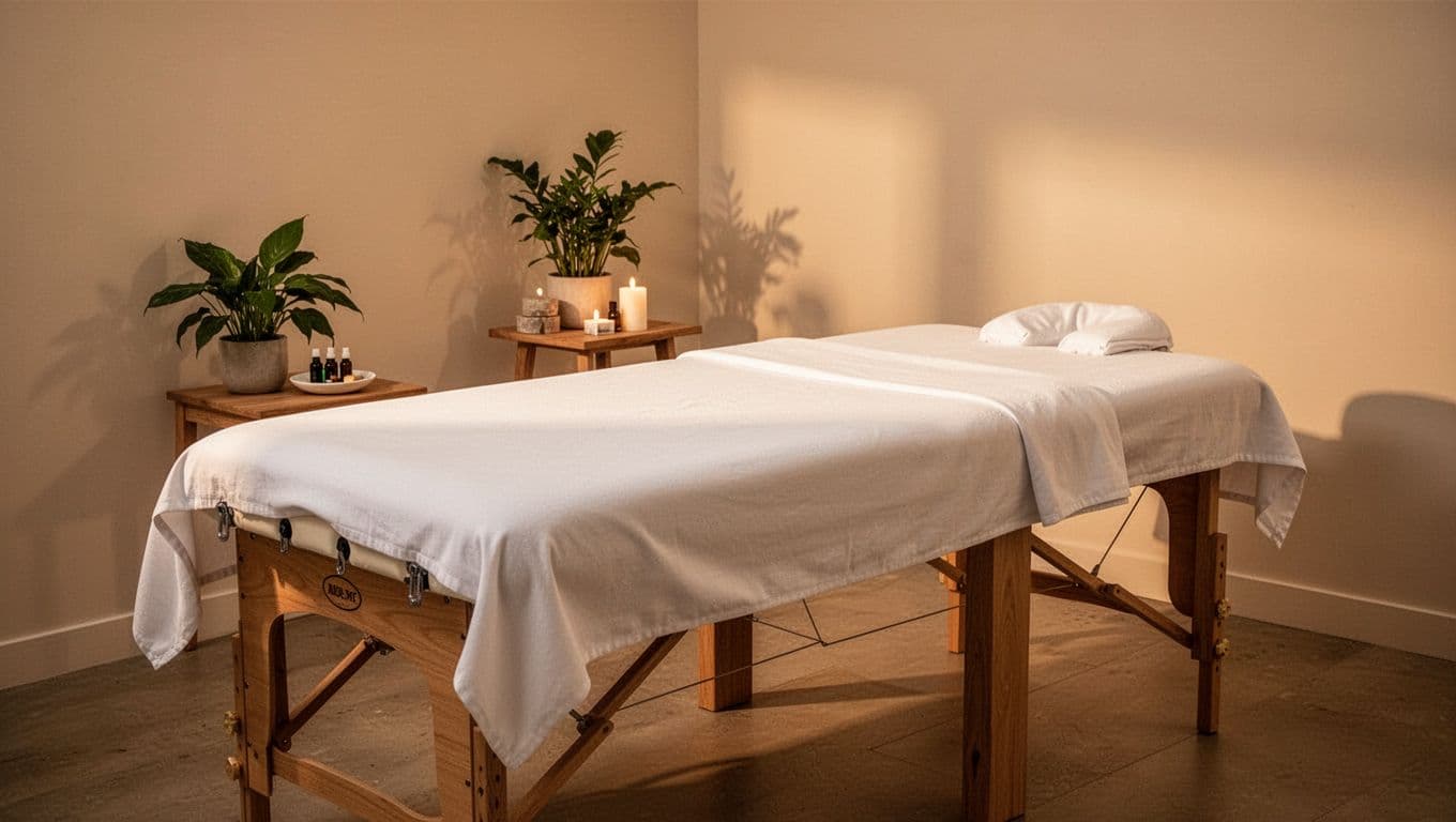 A wooden massage table covered in crisp white linens sits in a sun-drenched room. A side table nearby holds green potted plants and aromatic oils for a calming sensory experience.