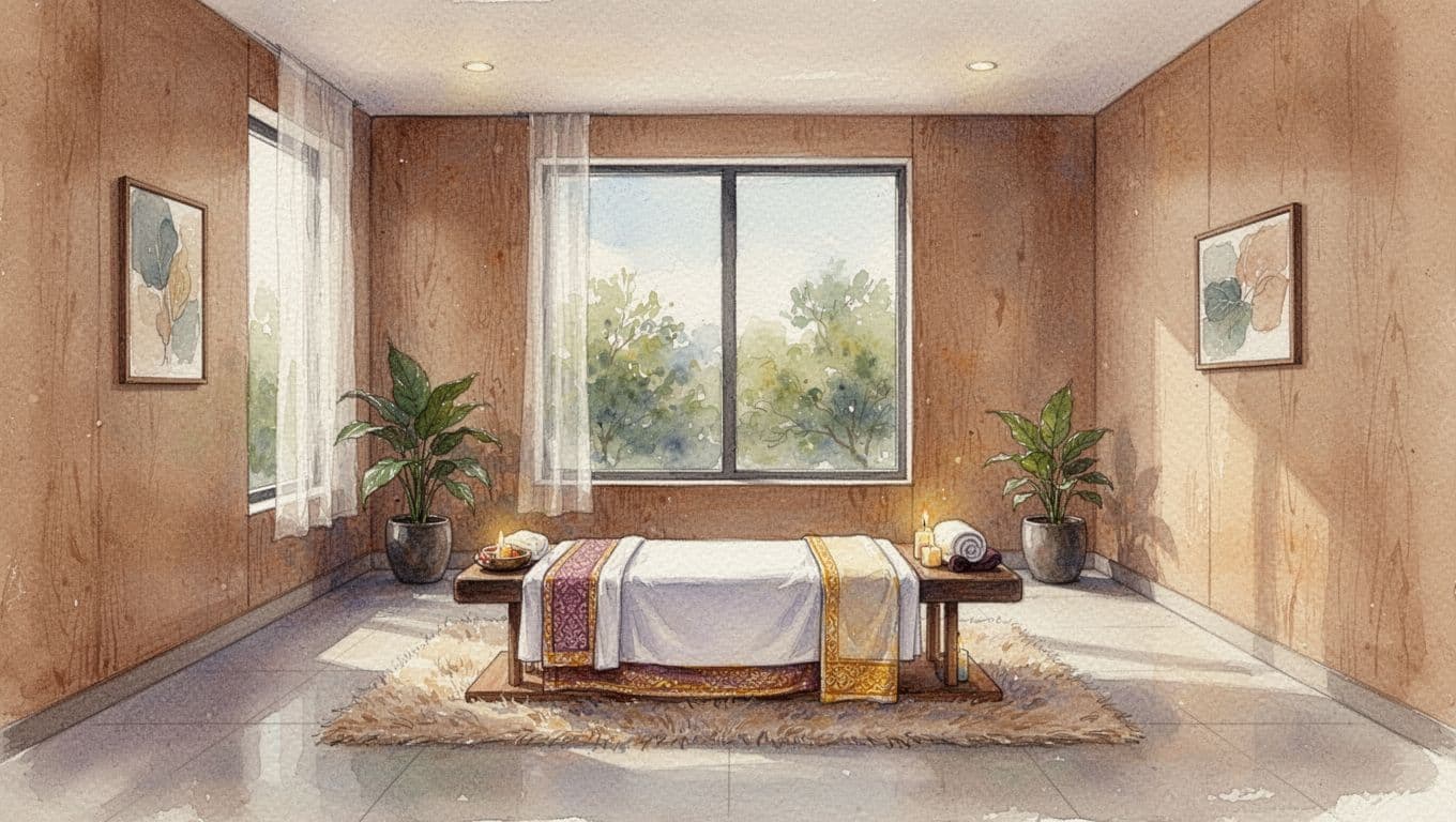 A soft watercolor illustration captures a serene treatment space featuring a clean floor mat and neutral decor. Warm natural light filters through, highlighting the gentle brush textures and tranquil atmosphere.