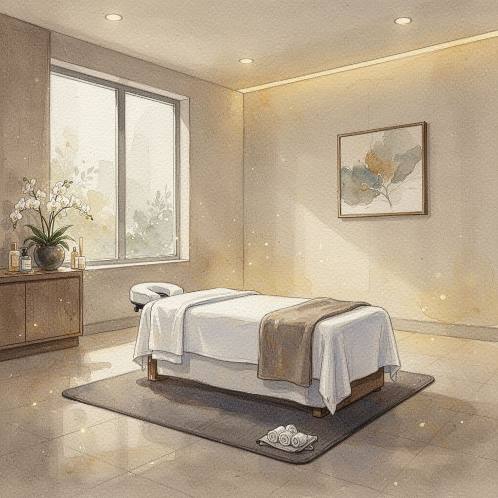 A tranquil massage room features minimalist decor, warm golden lighting, and a prepared mat on the floor.