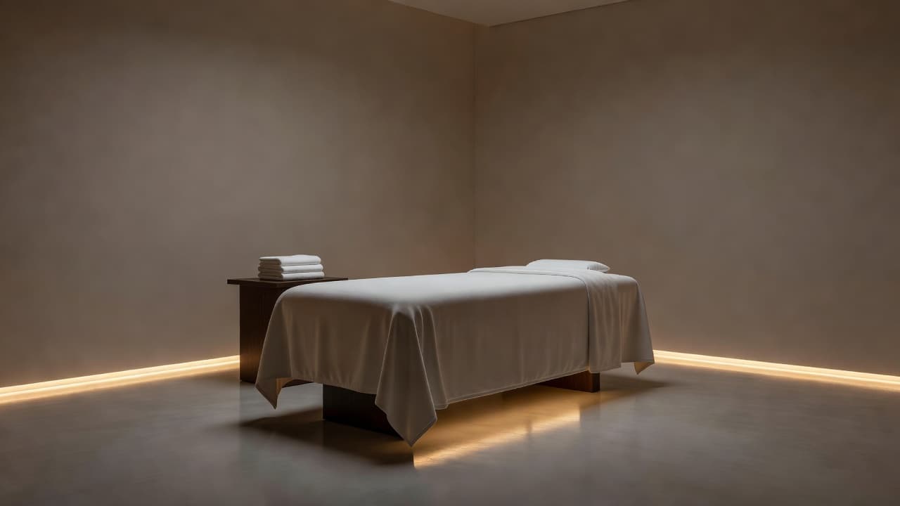 A single massage table occupies the center of a dimly lit, clean room featuring warm ambient lighting. Neatly folded white towels rest on the table, creating a serene and professional atmosphere.