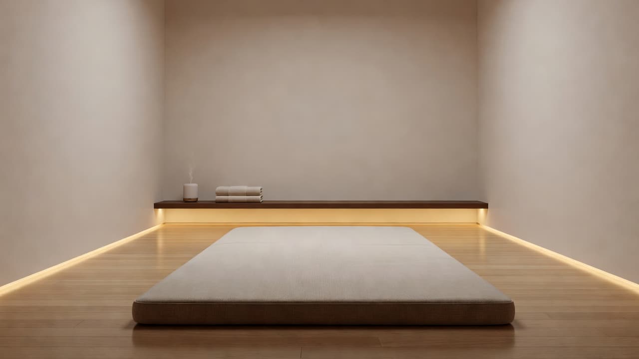 A thick floor mat rests on polished wooden flooring within a quiet, neutral-toned room. Warm amber lighting illuminates the textured walls, creating a serene environment perfect for professional wellness therapy sessions.