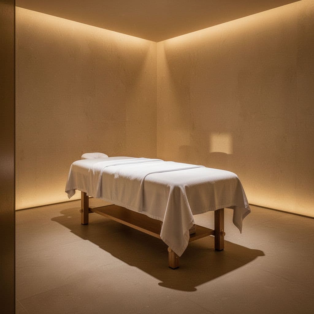 A professional massage table with crisp white linens sits in the center of a tranquil room. Warm golden lighting casts gentle shadows against the neutral walls to create a relaxing atmosphere.
