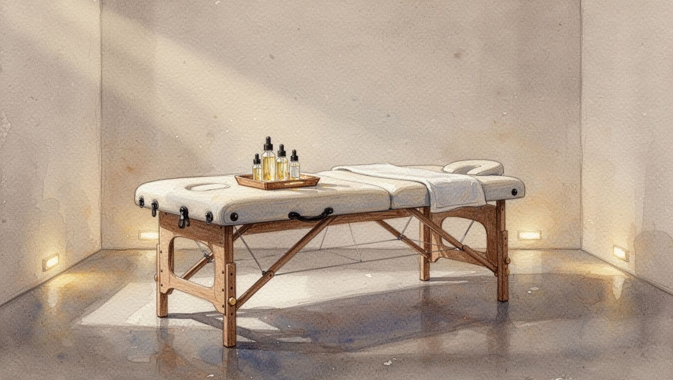 A wooden massage table sits centered in a serene room featuring soft, warm lighting. A small wooden tray holding glass essential oil bottles rests nearby in this artistic watercolor painting.