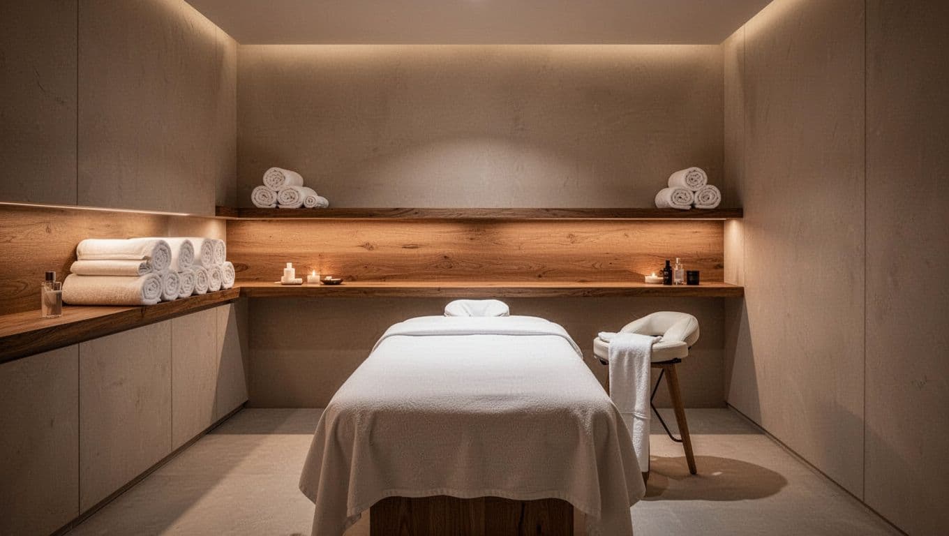 A pristine massage table sits centered in a serene room featuring clean wooden shelves stocked with neatly folded white towels. Soft ambient lighting creates a peaceful atmosphere with strong visual depth.