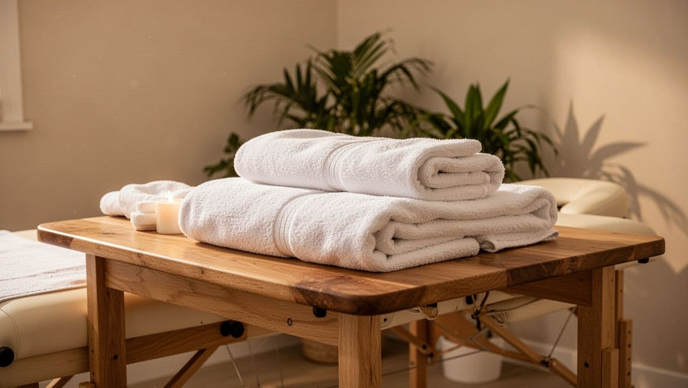 Soft ambient light illuminates a wooden massage table holding stacked plush white towels. Lush green plants stand in the background, creating a serene and clean atmosphere for ultimate relaxation and comfort.