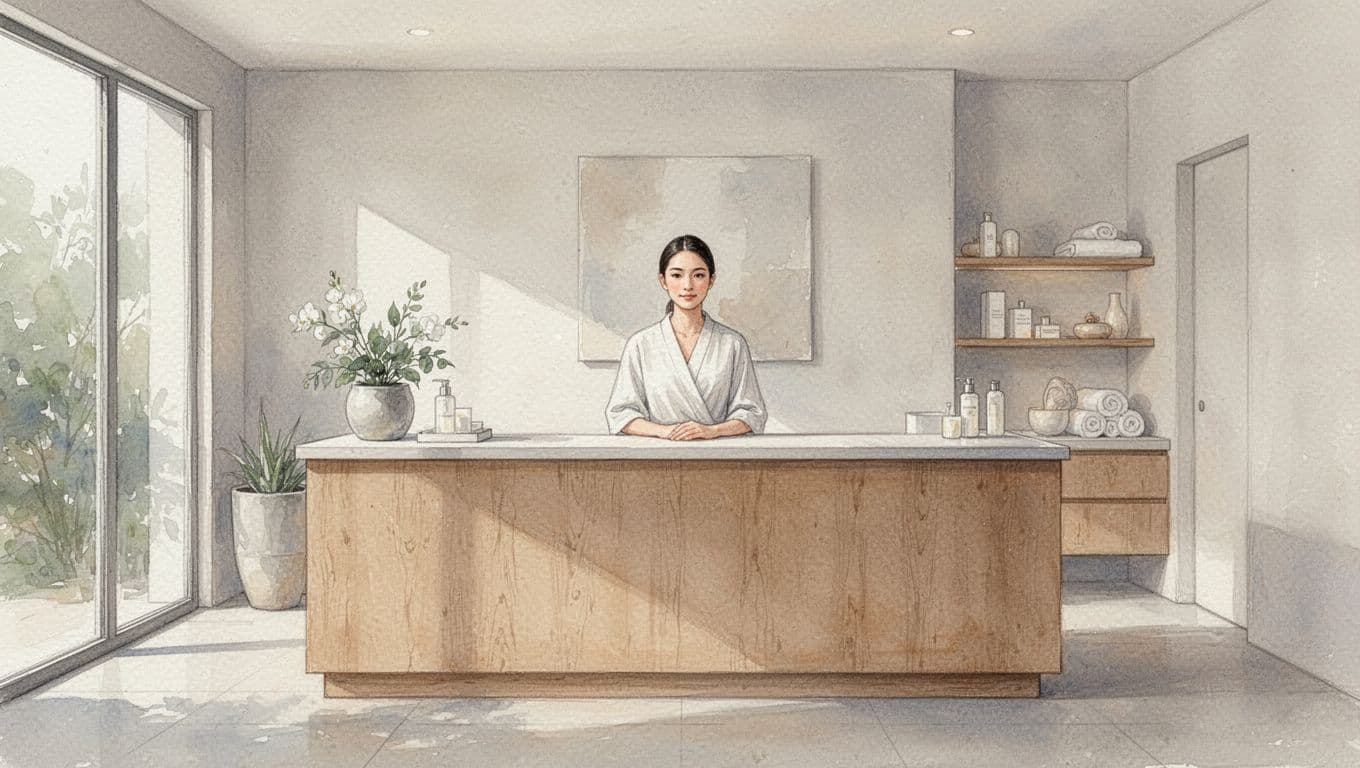 A calm staff member stands behind a smooth, pale wooden desk in a bright, airy space. Gentle sunlight washes over the neutral walls, creating a serene atmosphere with soft brushstroke textures.