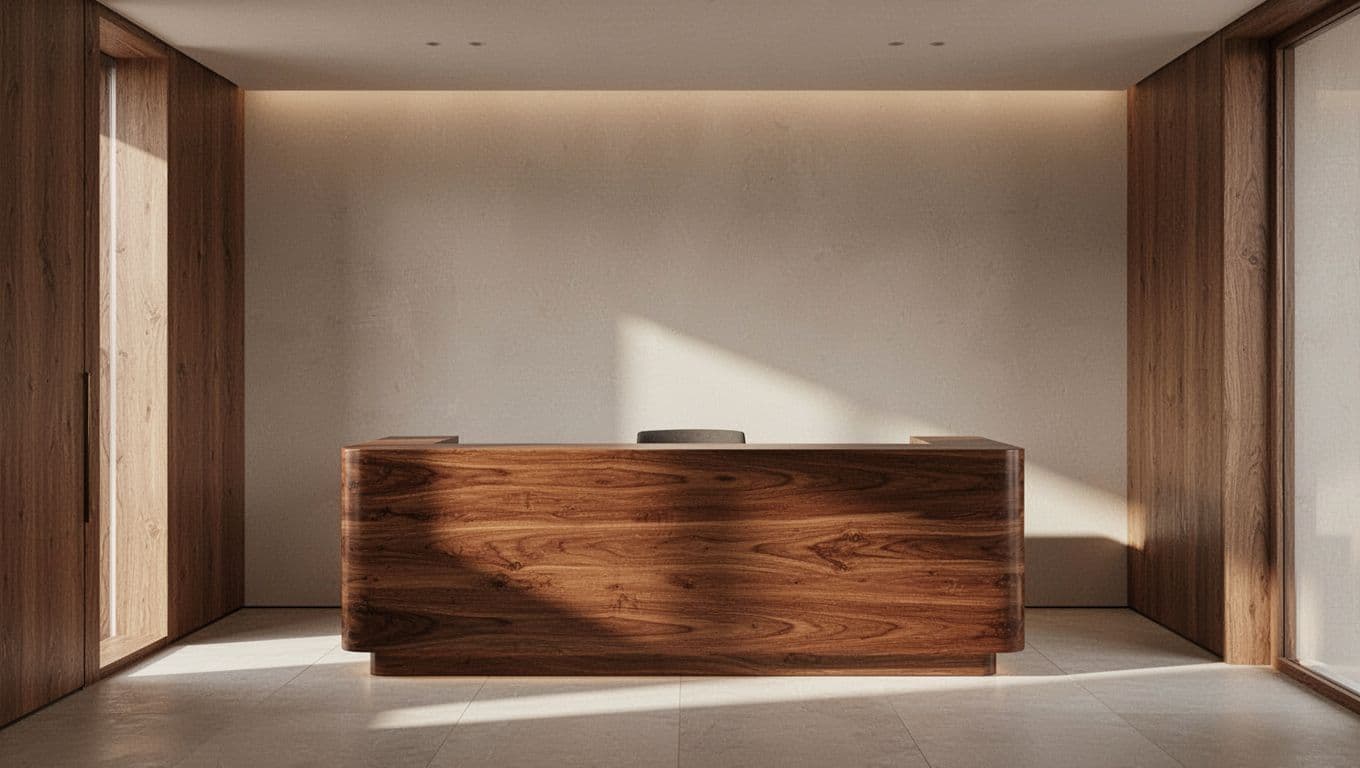 A sleek wooden desk sits against a soft beige wall in a tranquil lobby. Warm indirect lighting highlights the grain of the wood, creating a peaceful and uncluttered atmosphere.
