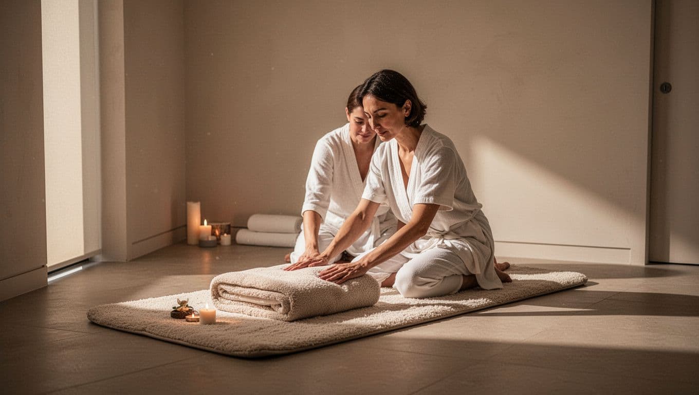 A soft floor mat sits centered on polished stone flooring, illuminated by warm ambient lighting. Cream-colored linens drape over nearby benches, creating a serene and inviting space for a massage.