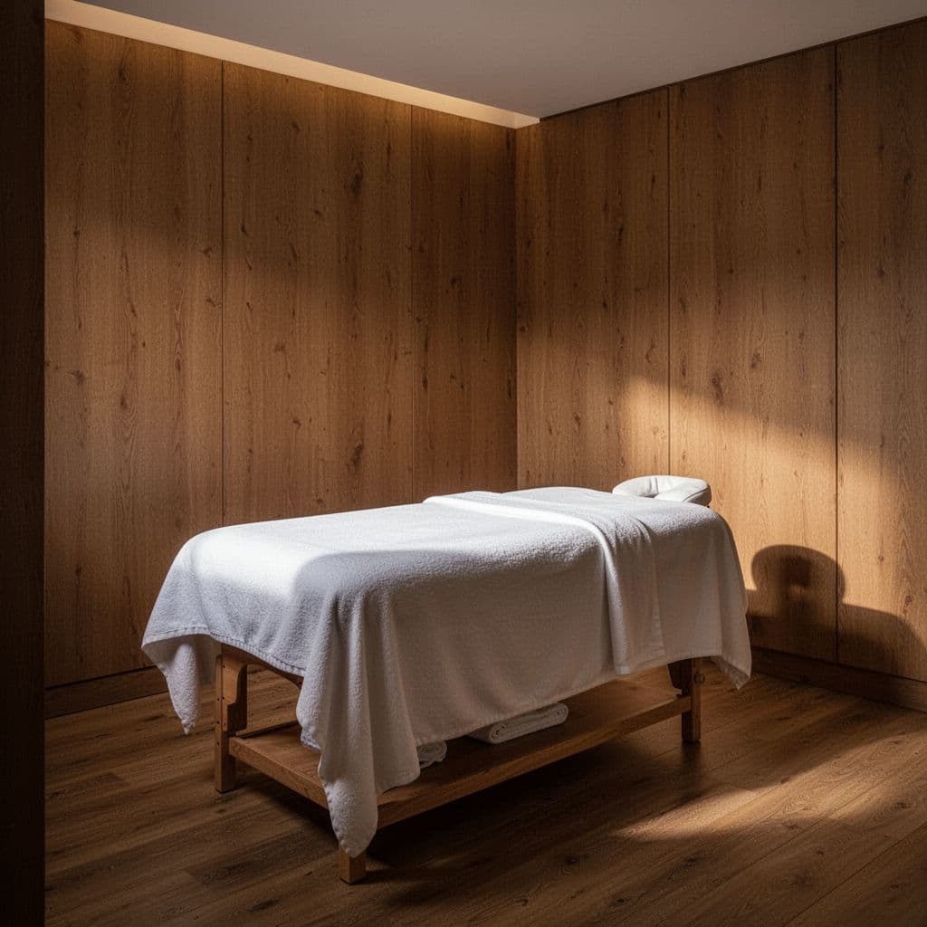 A massage table draped in crisp white linens sits inside a minimalist room featuring rich wooden walls. Warm ambient lighting creates a peaceful atmosphere perfect for professional spa therapy sessions.