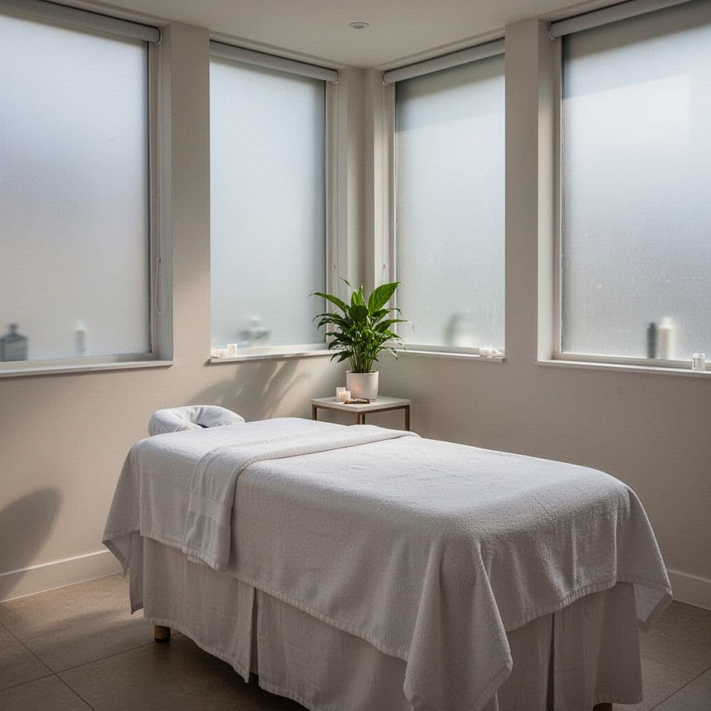 A pristine massage table draped in crisp white linens sits center stage in a dimly lit room. A solitary green plant adds a touch of nature under warm, focused ambient lighting.