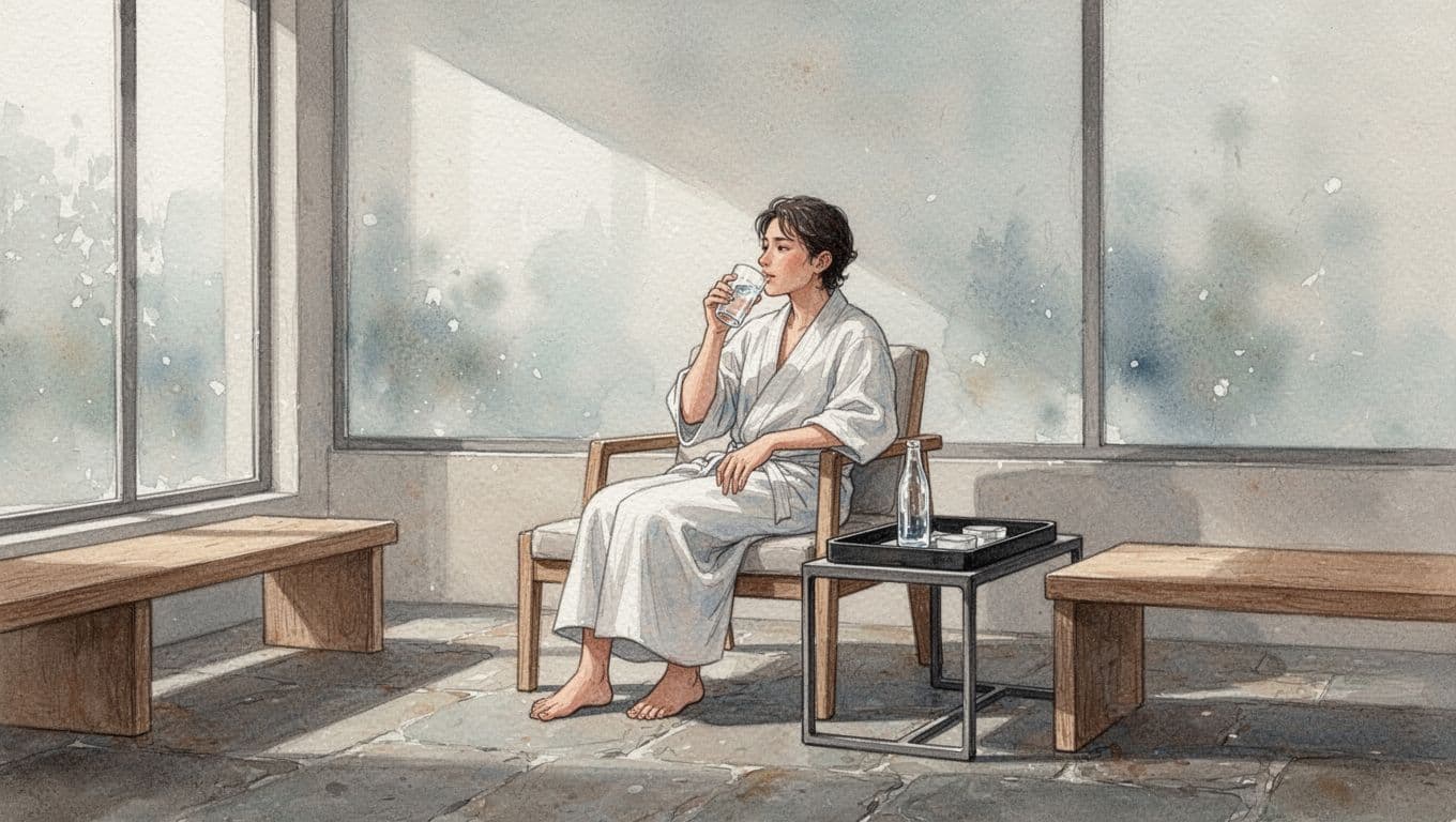 A person sits peacefully on a soft bench within a muted, earthy-toned spa room. They hold a glass of water, while gentle watercolor brushstrokes create a calm and soothing atmosphere.