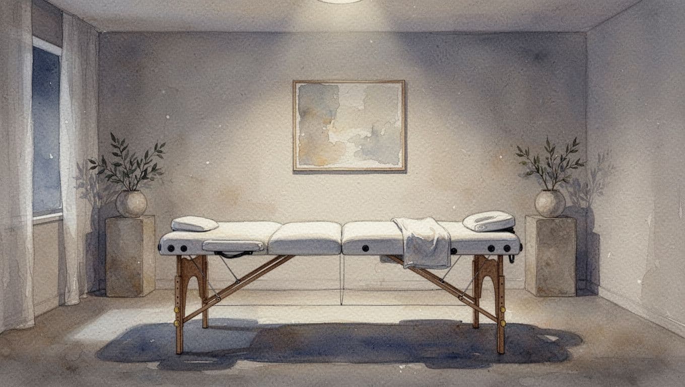 A professional massage table sits in the center of a tranquil, neutral-toned room. Soft ambient lighting creates a peaceful atmosphere with gentle watercolor textures blending across the serene, quiet walls.
