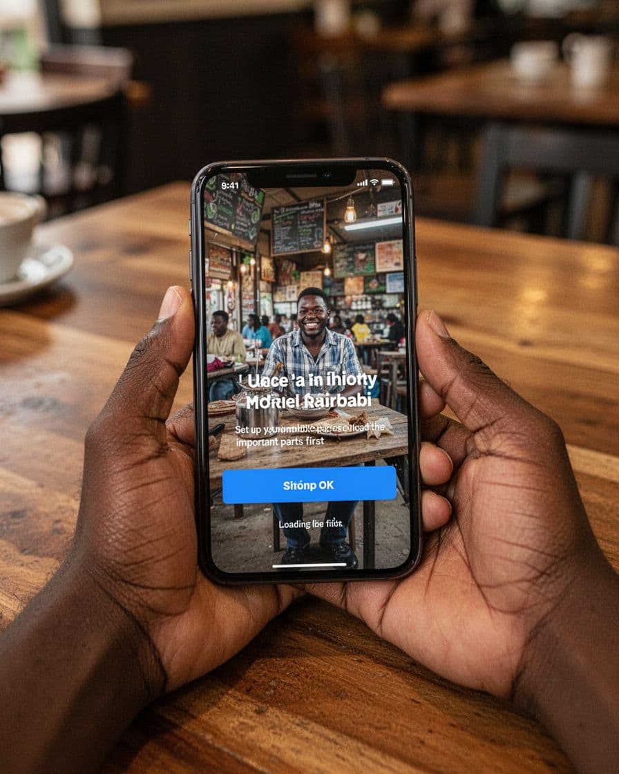 A smartphone held naturally by one hand on a wooden table in a Nairobi cafe, with the screen showing main content like a hero image and call-to-action button loading first while background elements fade in under warm indoor lighting.