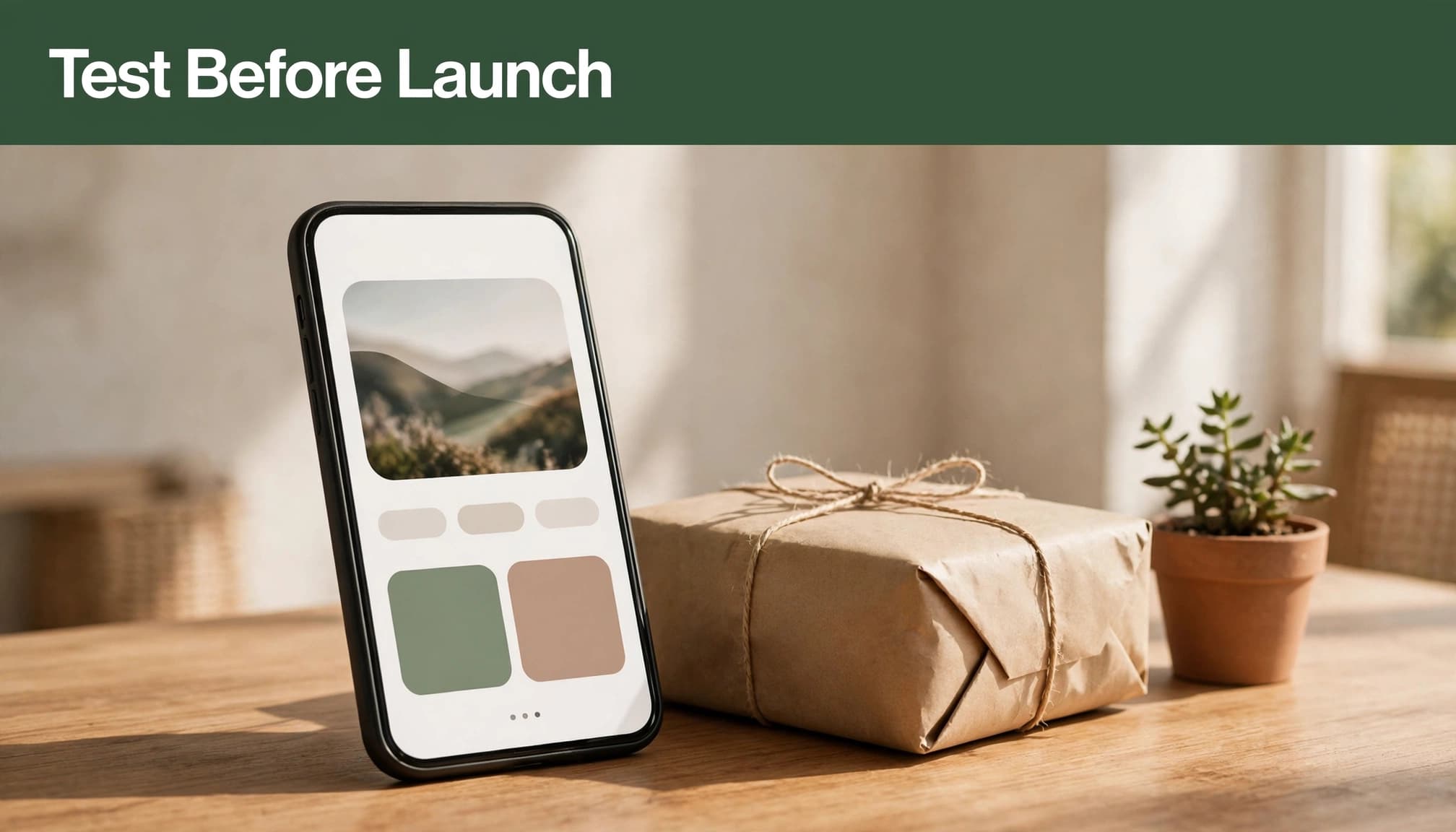 A smartphone displaying a mobile website with 'Test Before Launch' at the top, a parcel, and a small plant.