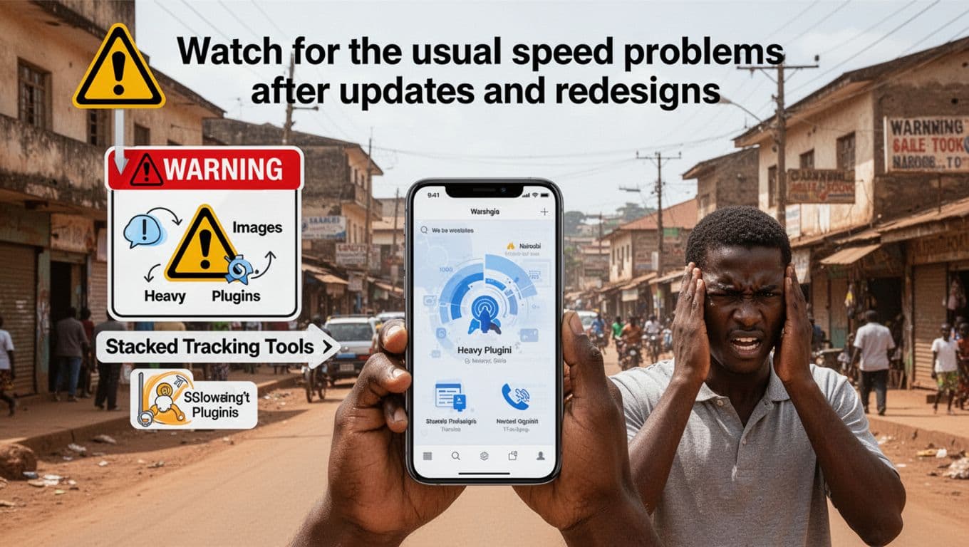 Infographic-style illustration depicting oversized images, heavy plugins, and stacked tracking tools slowing a mobile website, with subtle icons on a Nairobi street background and a frustrated phone user in daylight.