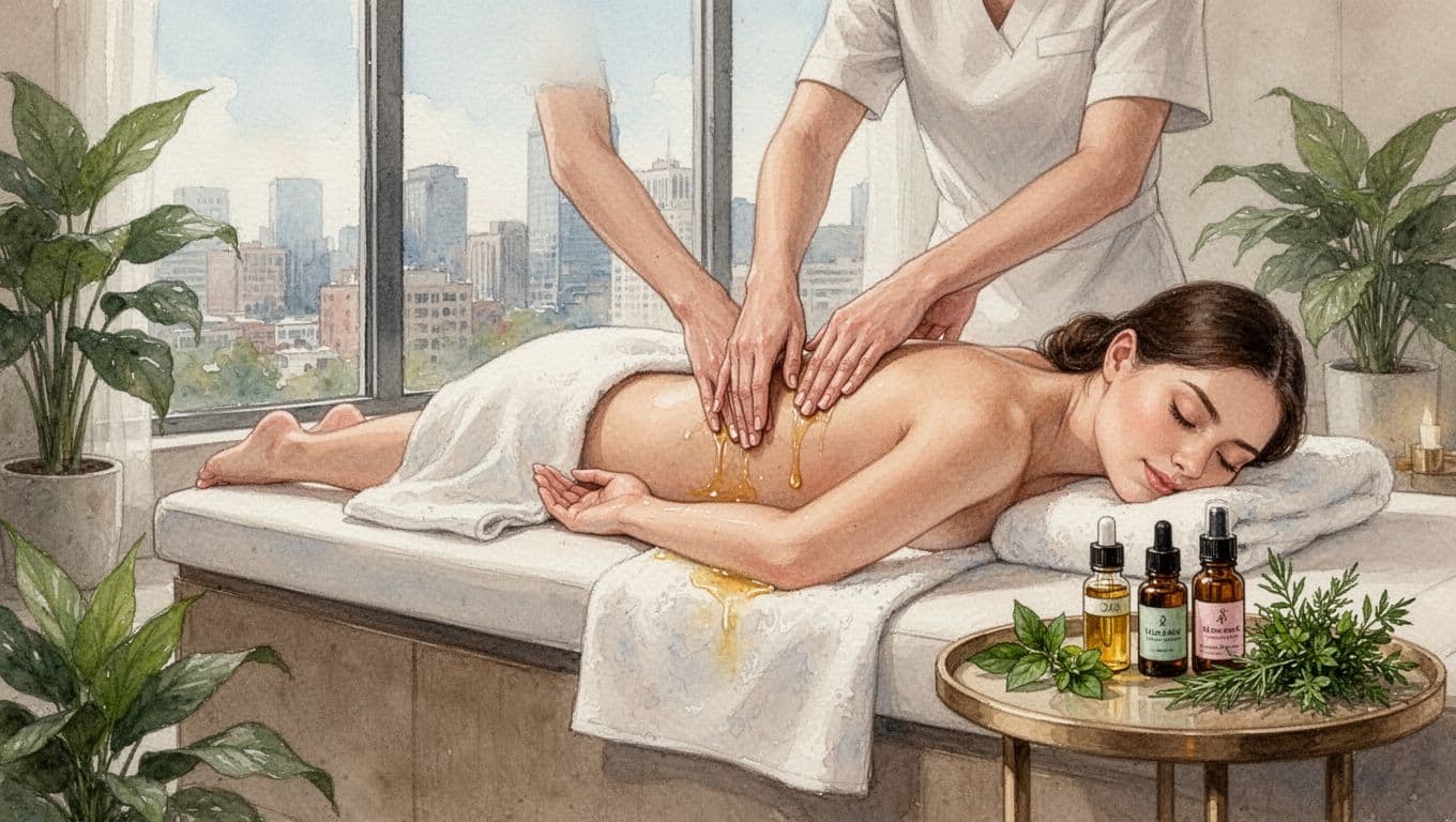 A client lies face down on a padded table receiving an aromatherapy massage on their calves from a therapist using custom essential oil blends, surrounded by personalized oil bottles, fresh herbs, calming plants, and large windows offering a soft city view in a watercolor style with earthy tones.