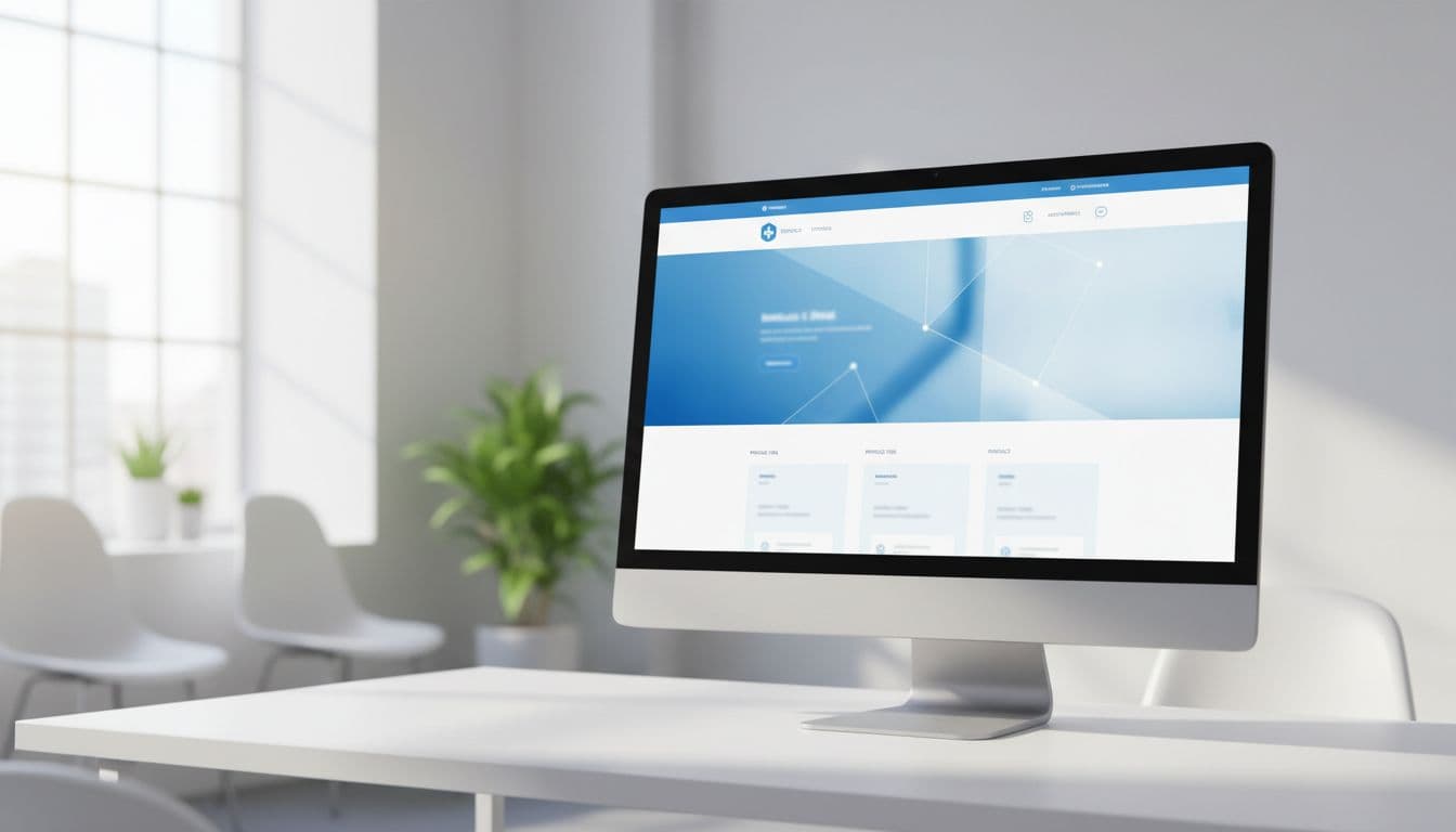 Clean modern clinic website homepage displayed on a desktop screen in a bright reception area, featuring navigation for services, doctors, appointments, and contact with a blue and white theme.