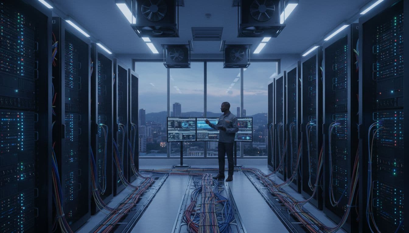 High-tech server room in a Nairobi data center with glowing blue server racks, fiber optic cables, cooling fans, and one technician monitoring displays, featuring a view of the Nairobi skyline through the window.