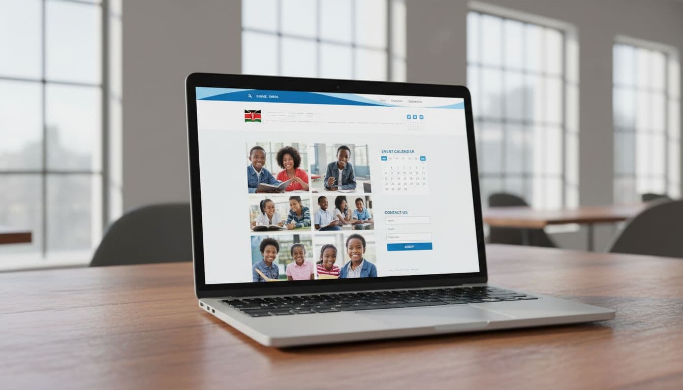 Laptop screen showing a clean, modern school website homepage with student photos, event calendar, contact form in blue and white colors, subtle Kenyan flag in background, on wooden desk in bright school office, natural lighting, no text or watermarks.
