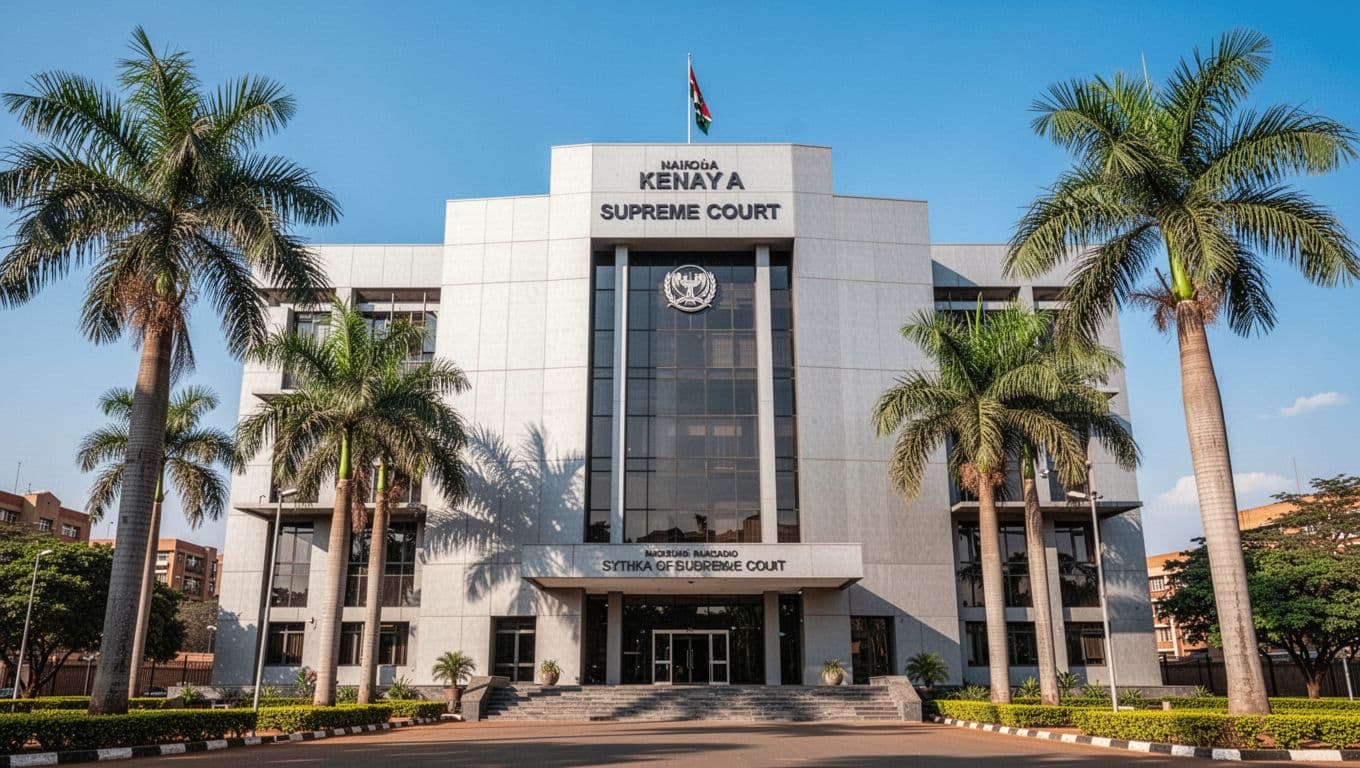 Exterior of the modern Supreme Court building in Nairobi, Kenya, with clear blue sky and palm trees, symbolizing justice and progress for LGBTQ rights victories, realistic photo style, vibrant daylight lighting, no people or text.