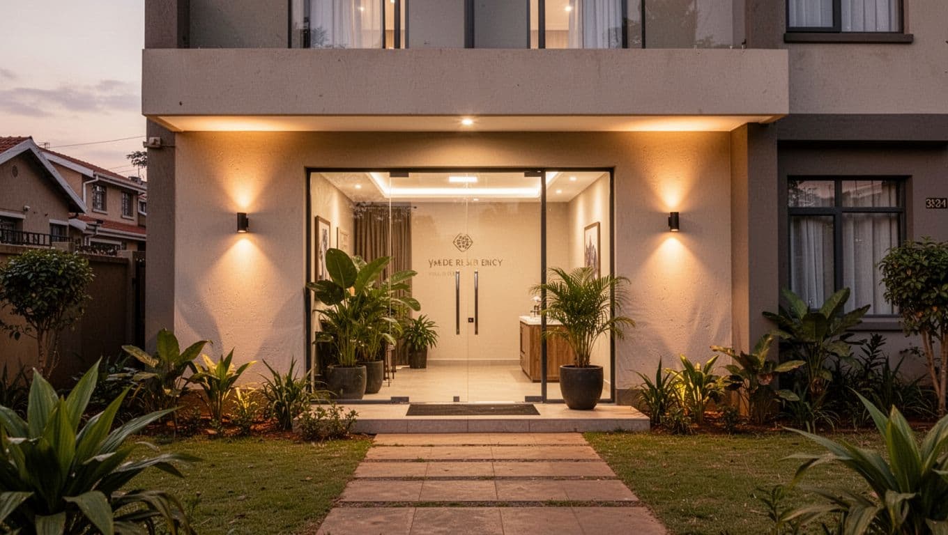 Massage Nairobi: How to Choose the Right Spa and Treatment 13 A modern and inviting spa entrance in Nairobi's Kilimani neighborhood features a clean glass door with surrounding plants, warm evening lighting on the facade, and a subtle pathway, evoking a residential building vibe.