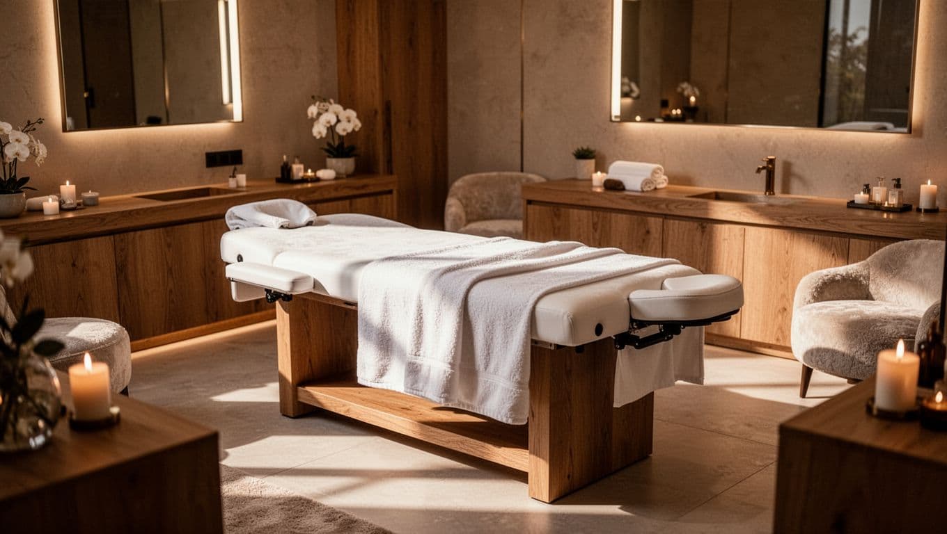 A plush massage table sits centered in a serene room featuring rich wooden accents and soft, ambient lighting. Neutral textures and clean surfaces create a relaxing environment for professional wellness treatments.