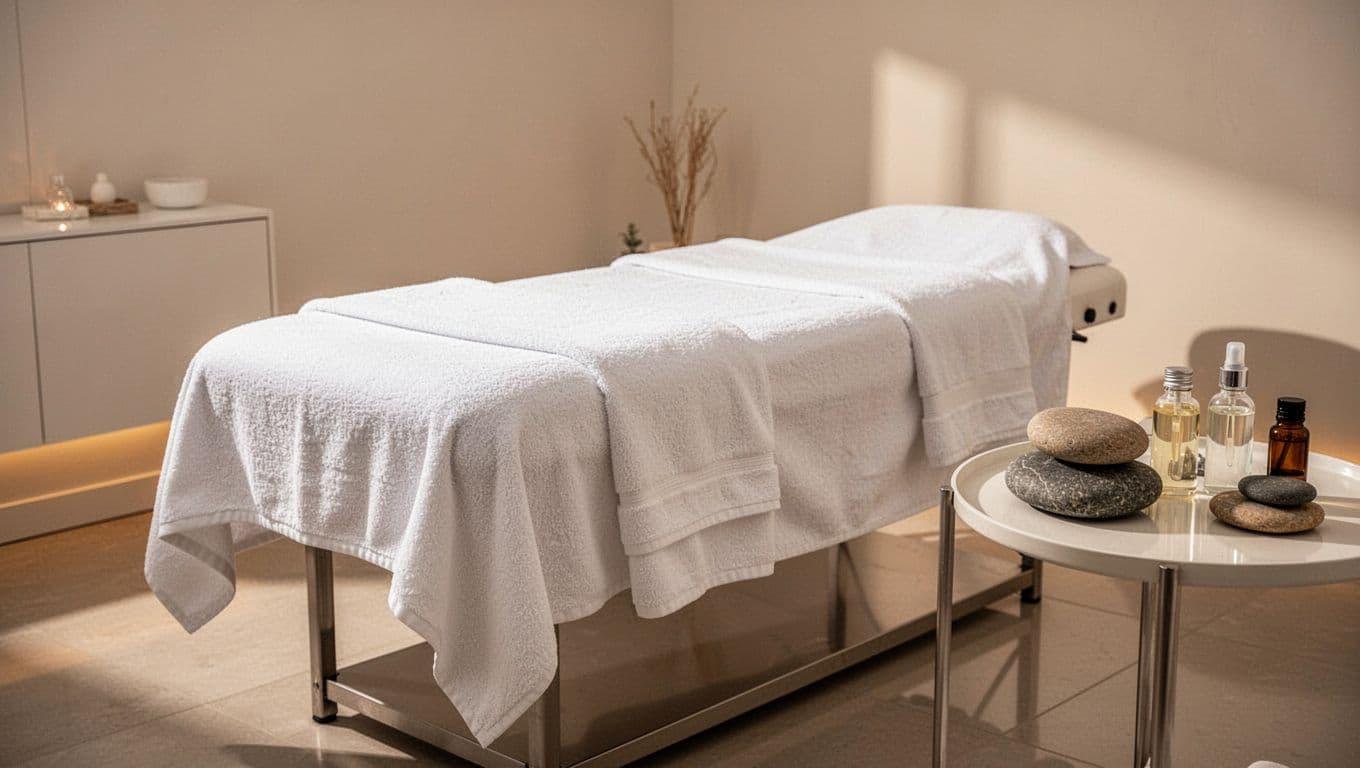A pristine massage table sits centered in a minimalist room featuring organized white towels, stacked natural stones, and a selection of essential oils. Soft ambient lighting creates a serene, cinematic atmosphere.