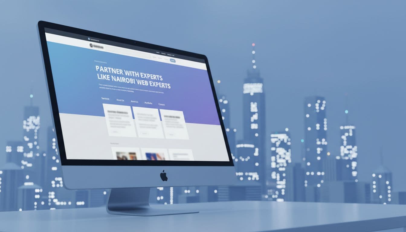 Modern Kenyan business website homepage mockup on desktop screen at angle, abstract city skyline of Nairobi behind, soft blue lighting, realistic render, focus on layout.