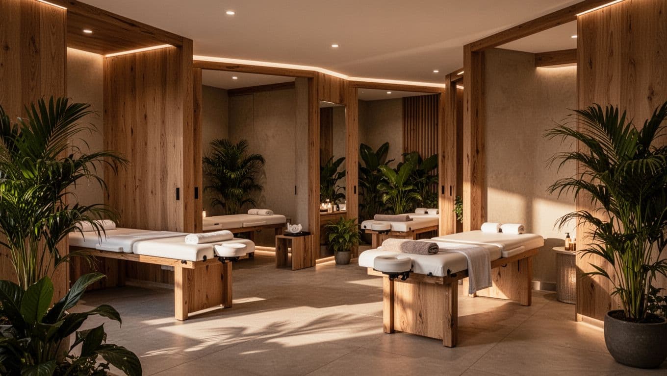 Clean lines and minimalist wood decor define this serene massage room. Soft warm lights highlight the comfortable padded tables and green indoor plants against a backdrop of deep, cinematic shadows.