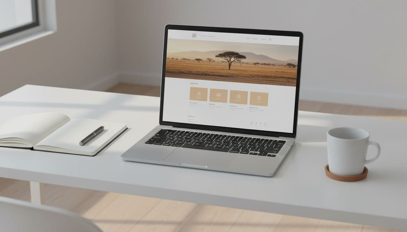 Clean modern professional website homepage displayed on a laptop screen in a minimalist office desk setup with notebook and coffee mug nearby. Features navigation menu, hero banner of Kenyan landscape, services grid, and footer contact under soft daylight lighting.