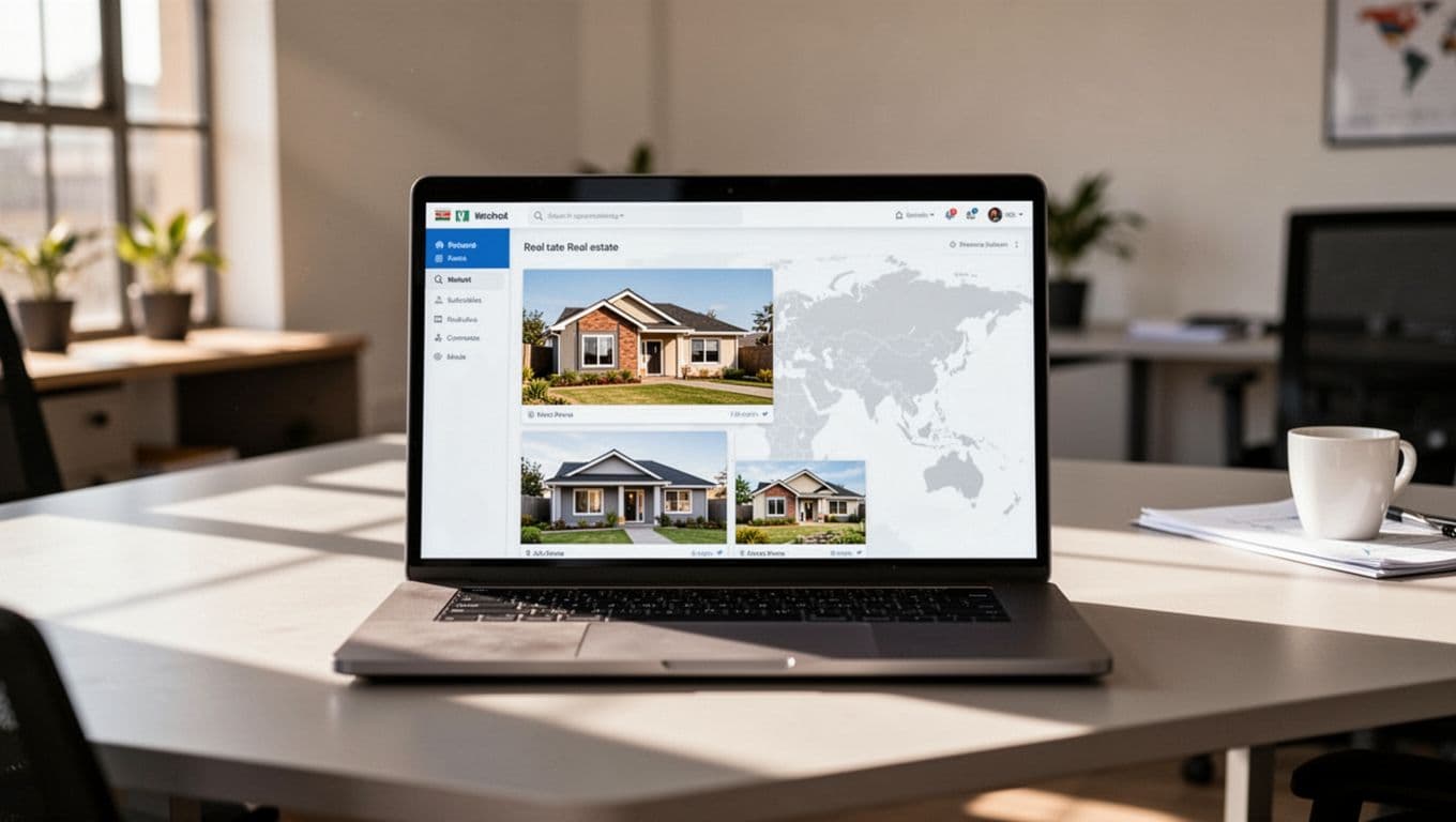 Modern real estate website interface displayed on a laptop screen in a bright Kenyan office, featuring property listings with photos and maps in a clean, professional layout under natural daylight.