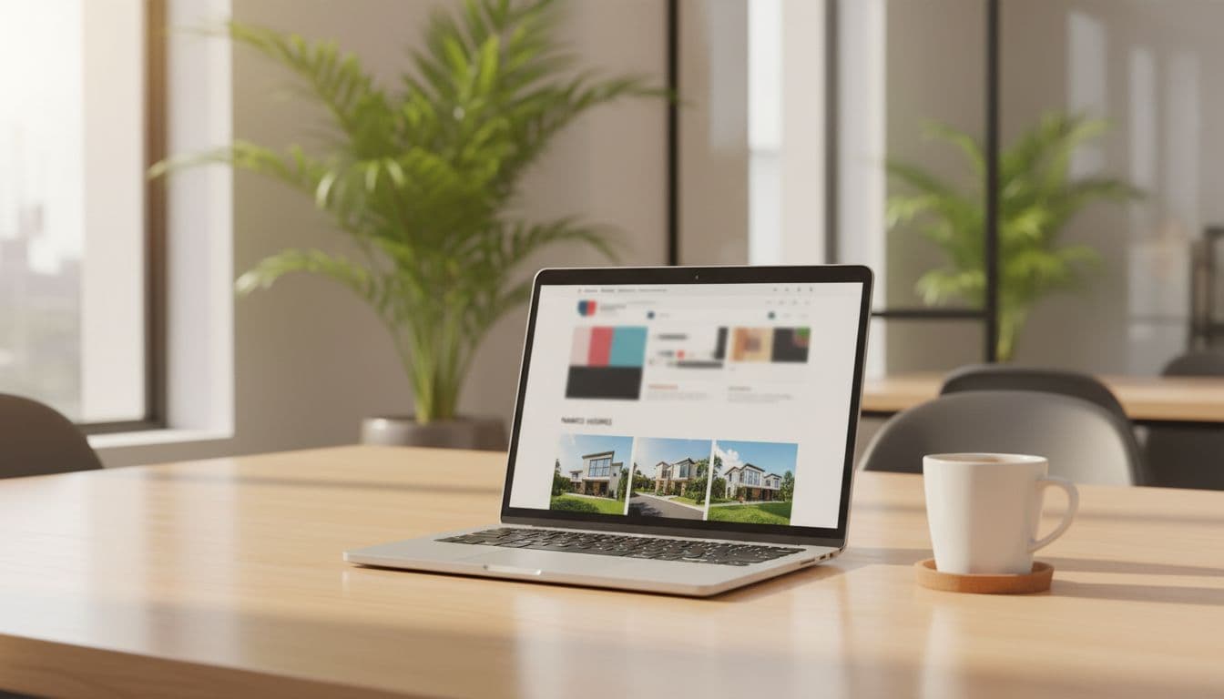 Sleek modern real estate website mockup on a laptop screen at an angle in a bright Kenyan office, featuring Nairobi home property listings, clean desk with coffee mug, and natural daylight in realistic photo style.