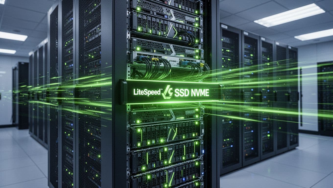 Modern server rack in a data center illuminated by glowing green lights indicating high uptime, featuring visible fast SSD NVMe drives and implied LiteSpeed speed elements in a clean, professional environment with cool blue and green lighting.