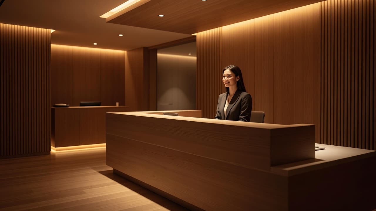 A welcoming spa reception desk lit by warm ambient lights.