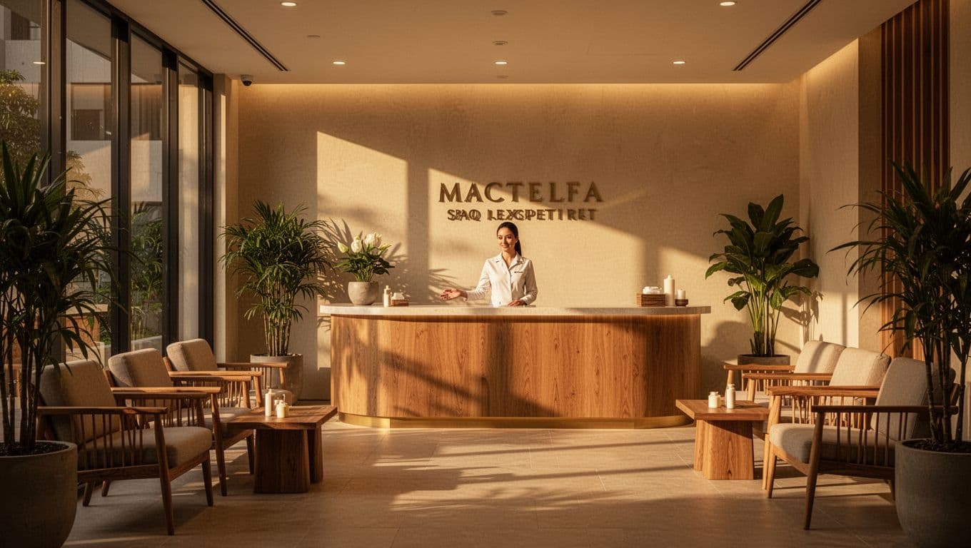 A receptionist stands behind a minimalist wooden counter in a sunlit spa lobby. Lush green plants flank the seating area while warm golden accents highlight the elegant, contemporary interior design.