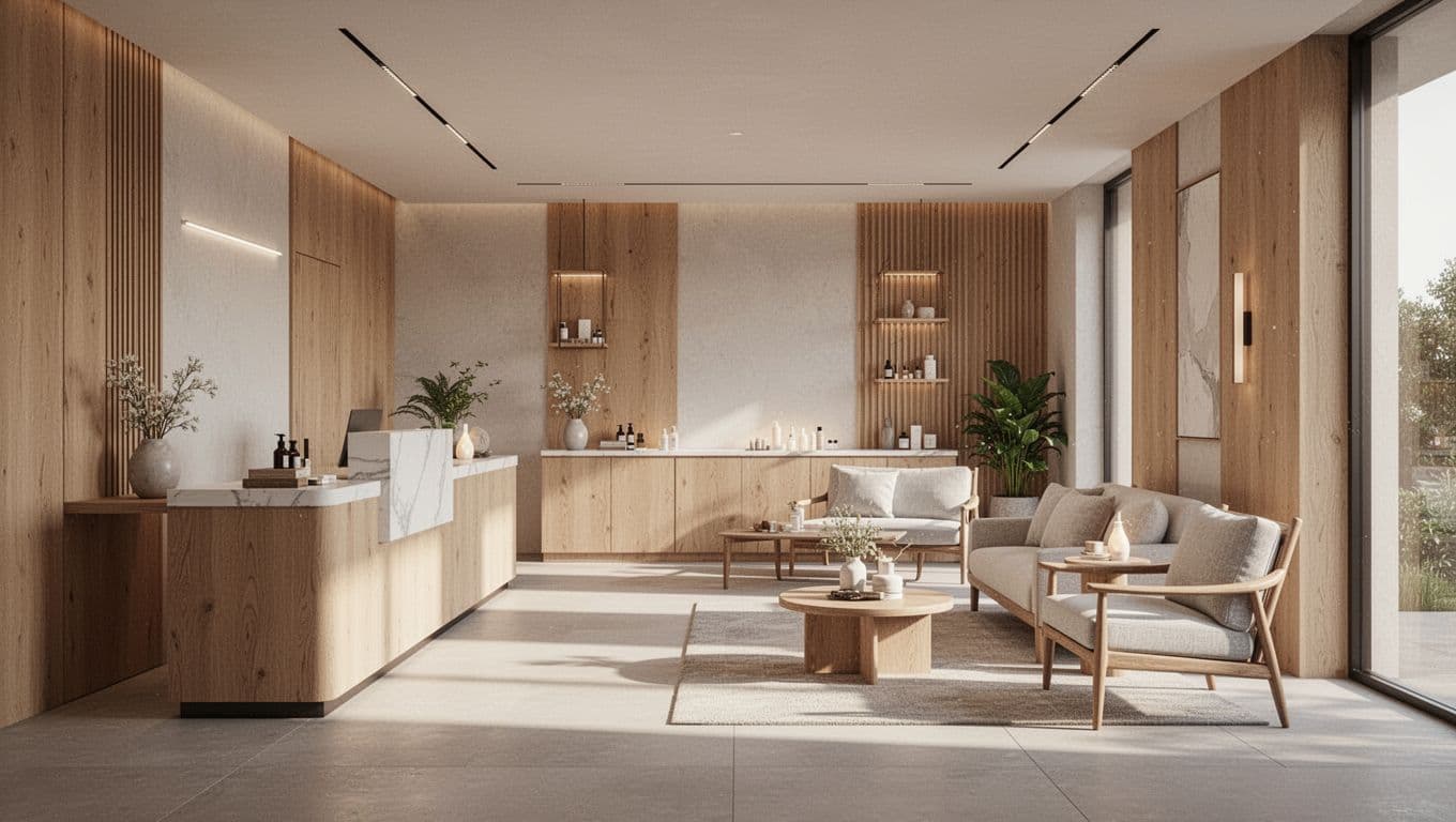 A pristine reception lobby features light wood paneled walls, soft recessed lighting, and an inviting seating nook with plush cream armchairs. Lush indoor greenery adds a calming touch to the space.