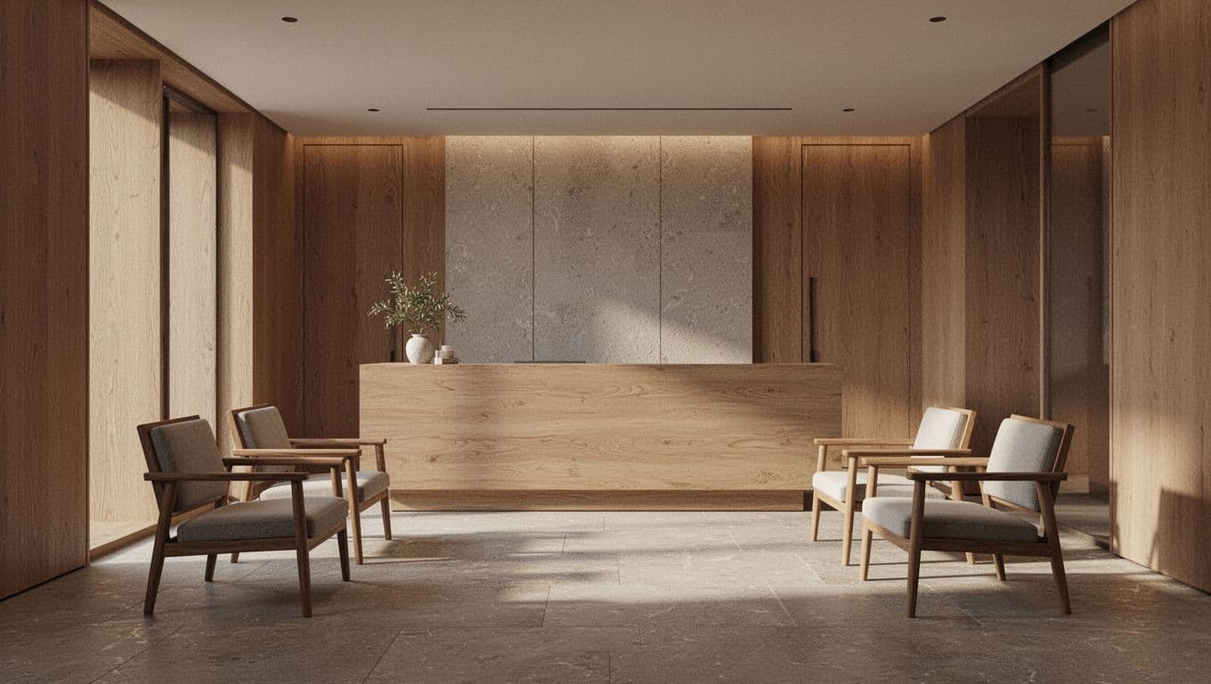 A sleek wooden front desk rests on polished stone flooring within a calm lobby. Soft ambient lighting glows against neutral walls, creating an inviting space for new guests to check in.