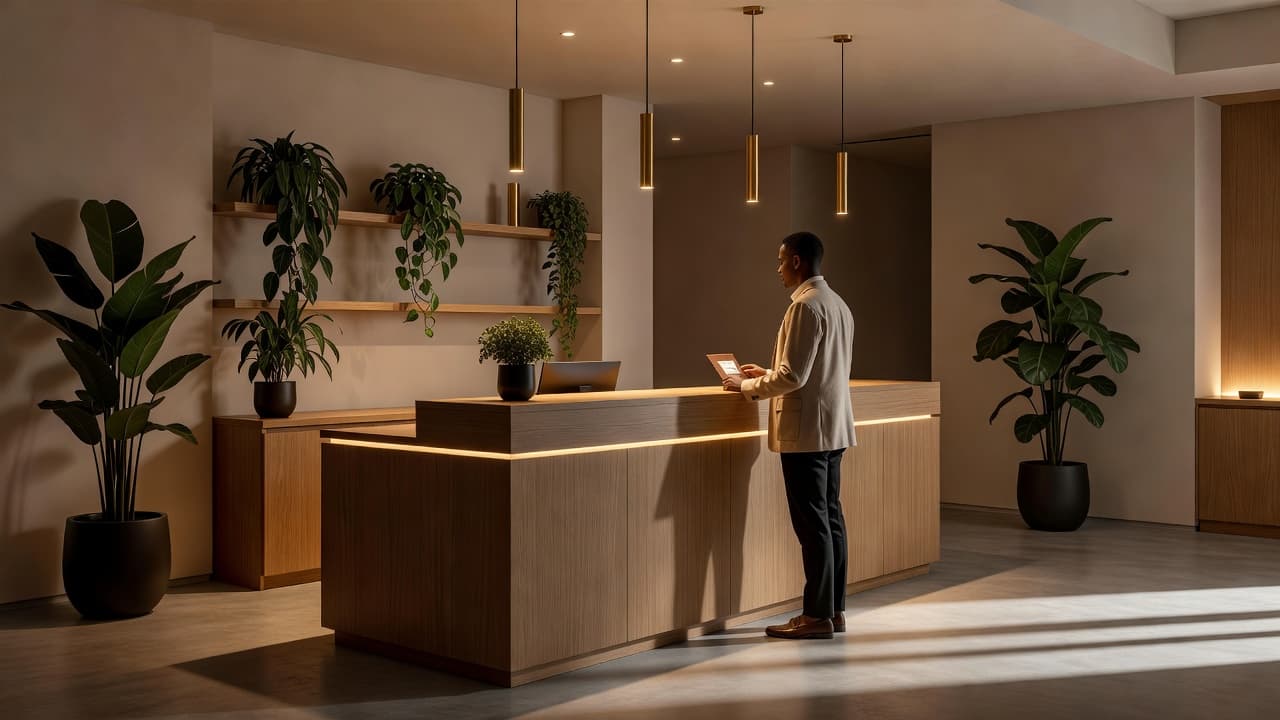 A client arrives at a stylish wooden spa desk surrounded by soft lighting and indoor plants.