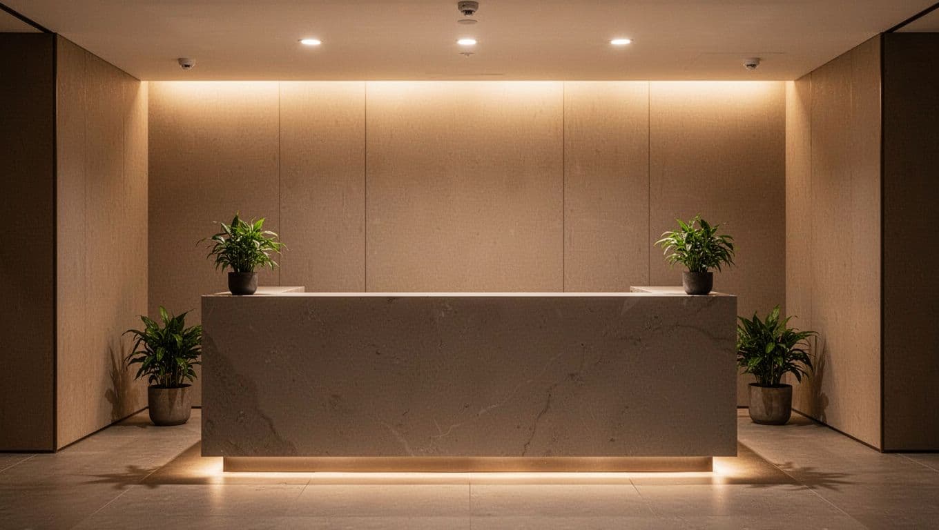A clean wooden spa reception desk featuring small plants and soft warm lighting.