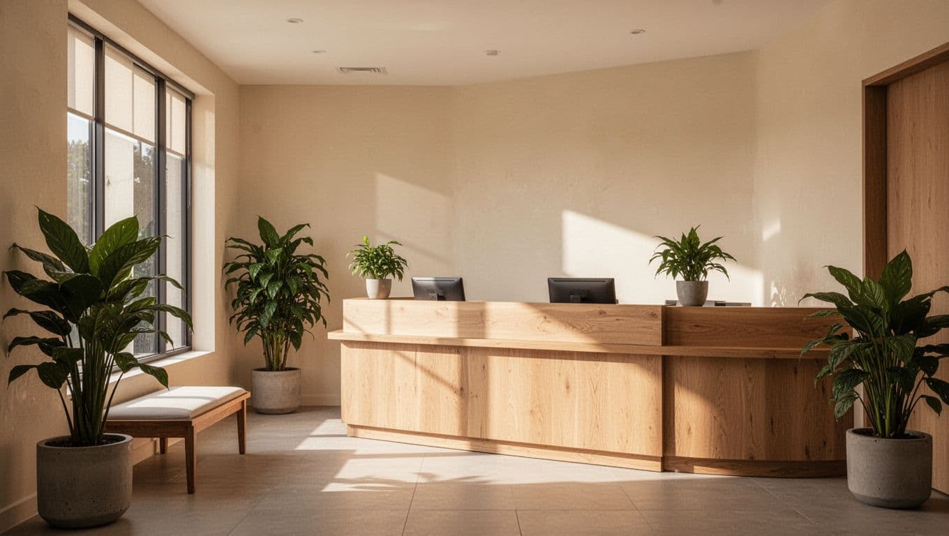 A calm spa reception area featuring natural wood furniture, soft cream walls, and green potted plants.