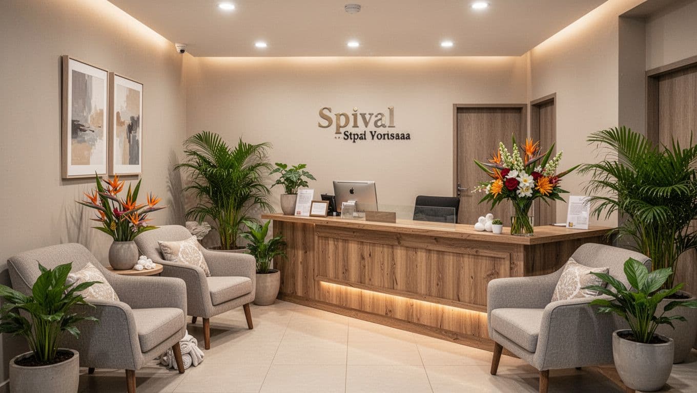 Massage SPA in Kilimani: A Practical Guide to Relaxation 9 Inviting spa reception at a modern spa in Kilimani Nairobi with soft warm lighting, comfortable armchairs, fresh tropical flowers on a wooden desk, potted green plants, neutral calming colors, and a clean organized space in realistic photograph style, no people present.