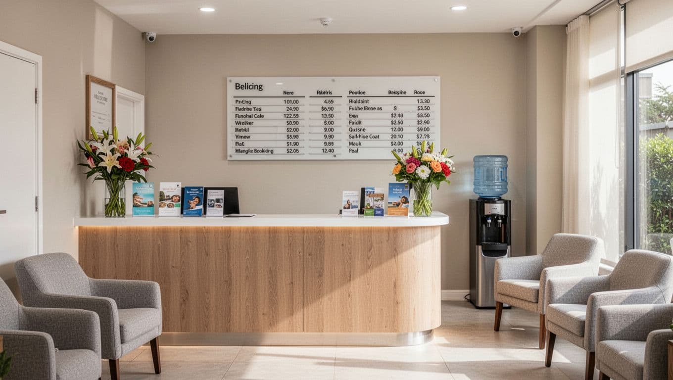 Clean modern spa reception desk and lobby area with a simple pricing display board on the wall behind the counter, organized brochures, fresh flowers, water dispenser, and two comfortable armchairs under bright natural lighting.