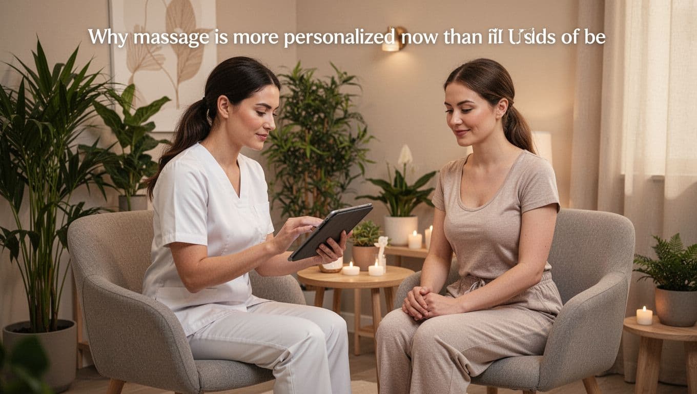 Massage 3 A modern spa therapist consults with a client using a tablet in a cozy consultation area with plants and soft lighting, focusing on customizing a massage session.