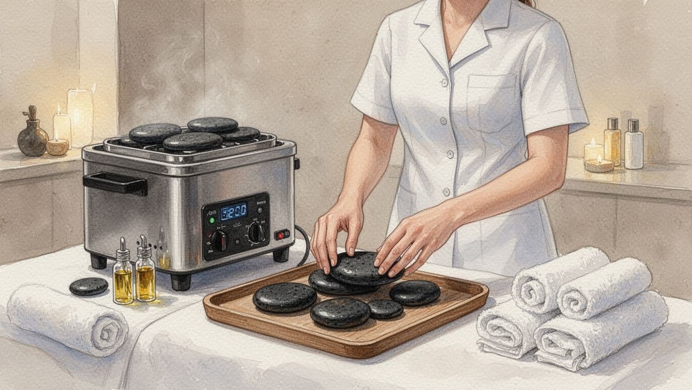 A modern spa therapist in white uniform arranging smooth black basalt stones from a professional heater onto a tray in a calm spa room with towels and oils nearby, focused on stones and preparation in watercolor style.