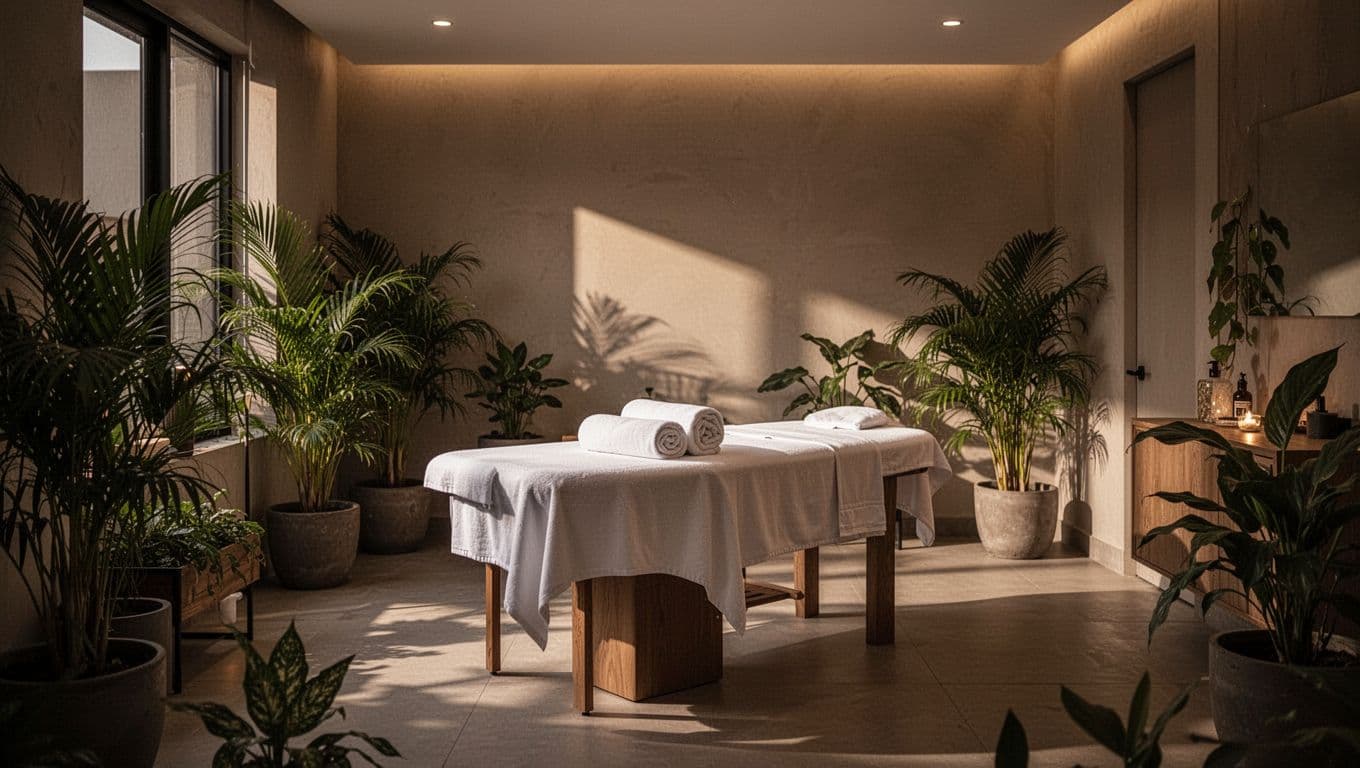 A clean massage table with rolled towels inside a warm, modern spa room in Nairobi.