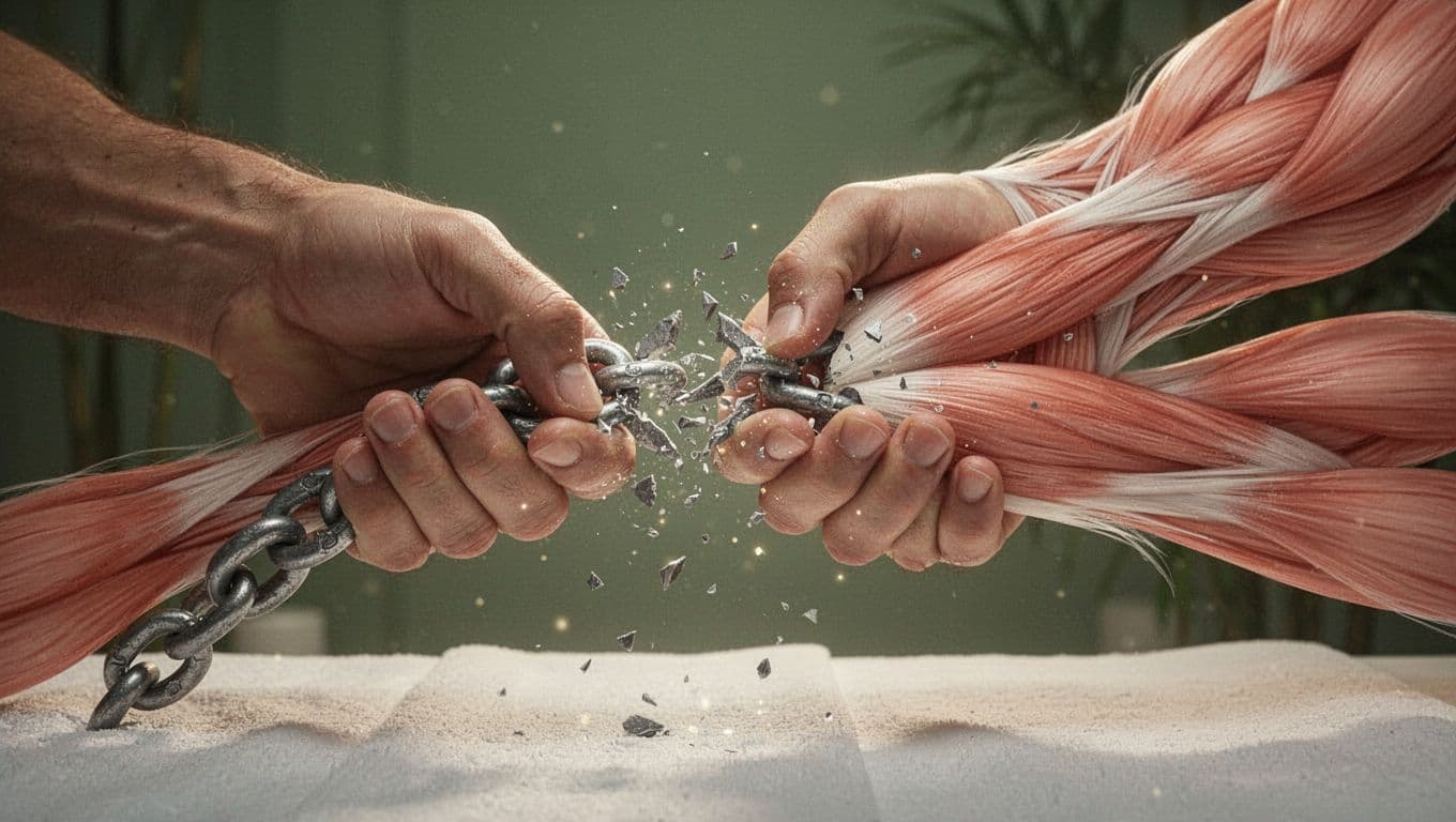Strong hands break a chain of muscle knots transitioning to smooth relaxed fibers in a spa context with soft glow lighting, symbolizing debunking myths about deep tissue massage pain and bruising. Close-up composition features a bold 'Myths Busted' headline on a muted dark-green band.
